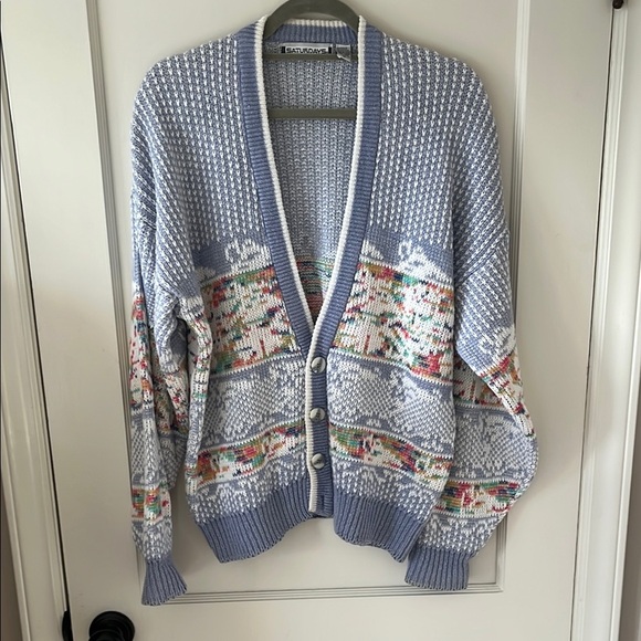 VTG 90S pastel chunky ramie cotton Blue and White Button-Up oversized Cardigan M - Picture 1 of 9